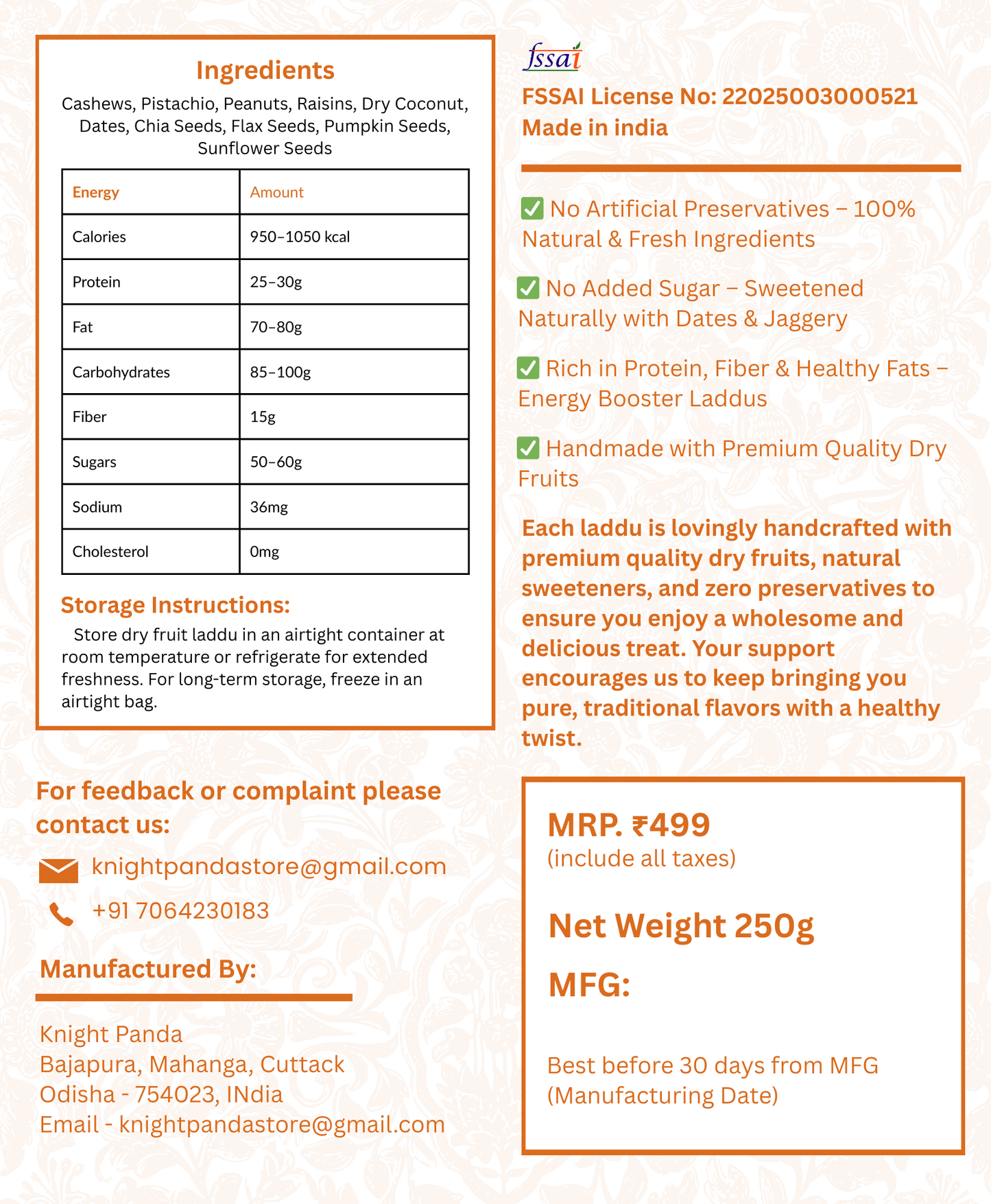 Premium Dry Fruits & Seeds Laddu Laddu 250gm | Healthy & Tasty Energy Sweet | Protein-Rich Snack | No Added Sugar